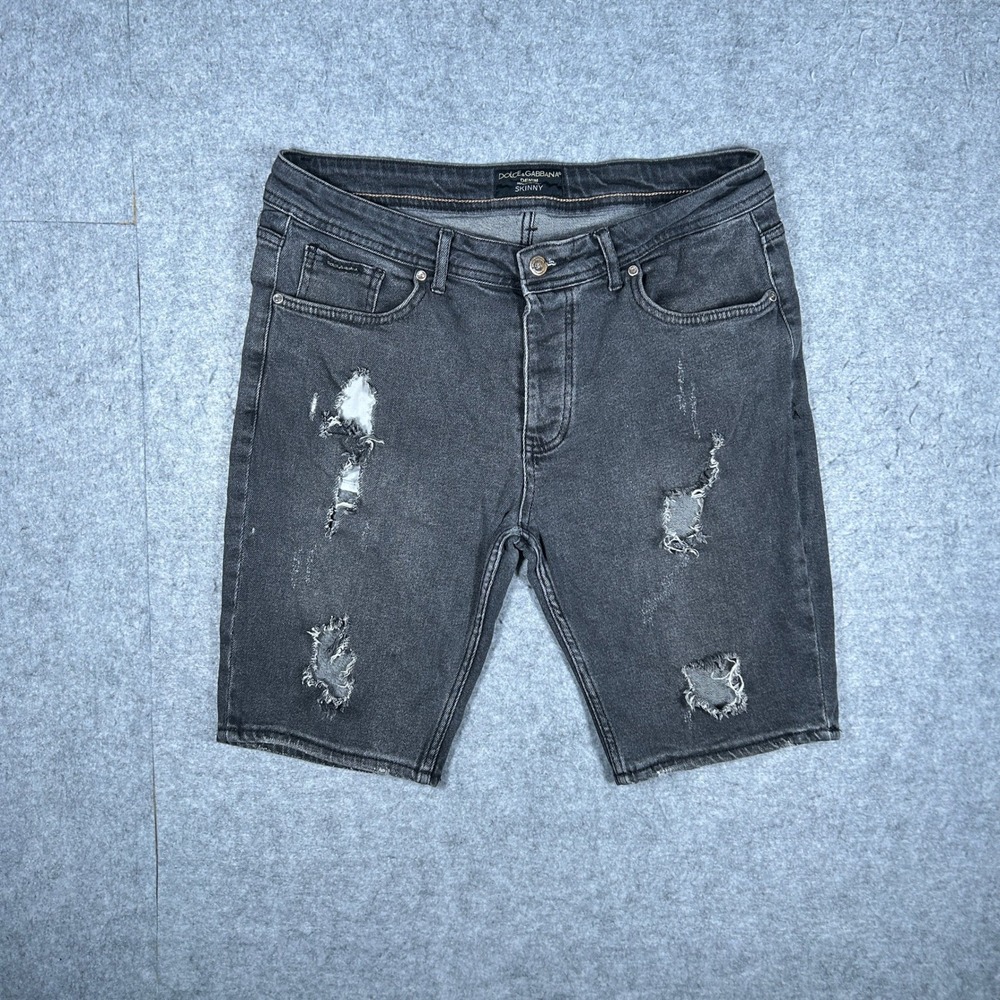 Dolce & Gabbana Denim Shorts Mens 38 Black Skinny Distressed Ripped Luxury Italy